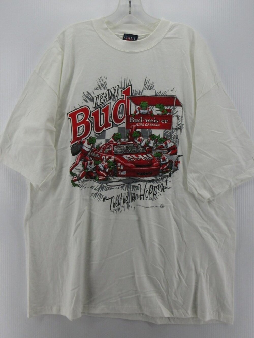 VINTAGE Budweiser Shirt XL Racing Beer Frogs 90s Pit Crew Galt Sand